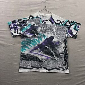 Vintage 90s One Stop All Over Print Surfer T-Shirt Teal Purple Single Stitch L